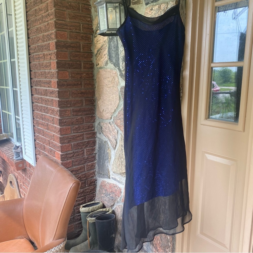 Vintage Y2K Size 6 Blue Glitzy Strap Maxi Dress Black Sheer Overlay Whimsigoth